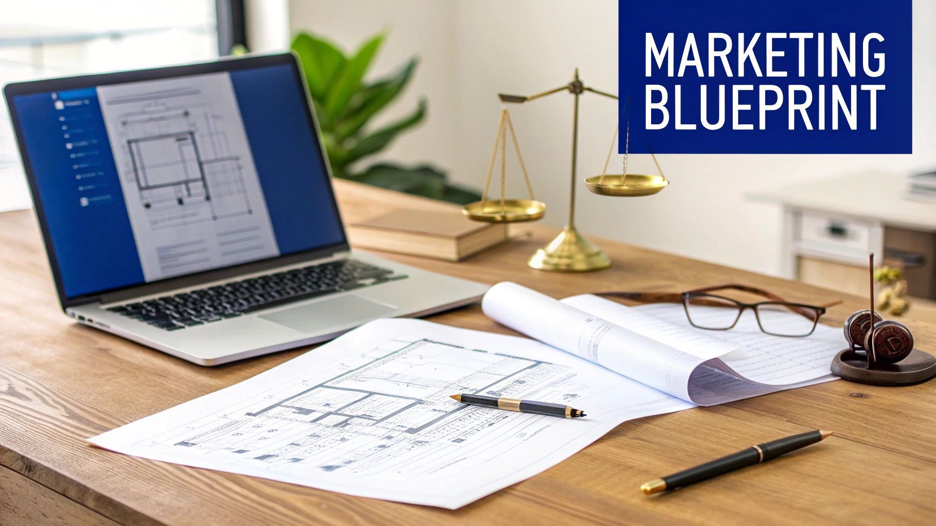 A work desk with blueprints, a laptop, pens, glasses, a scale, and a 'MARKETING BLUEPRINT' banner.