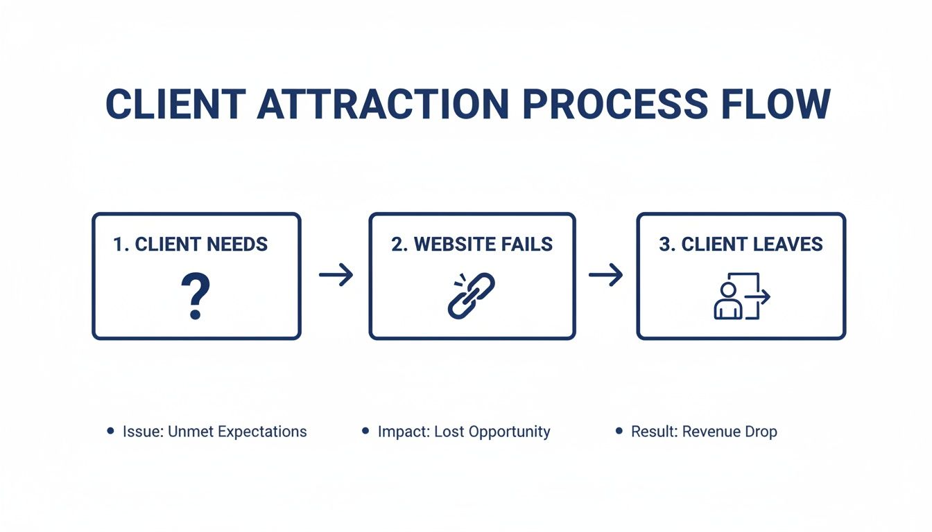 Flowchart depicting a client attraction process where unmet needs and website failures result in client loss and revenue drop.