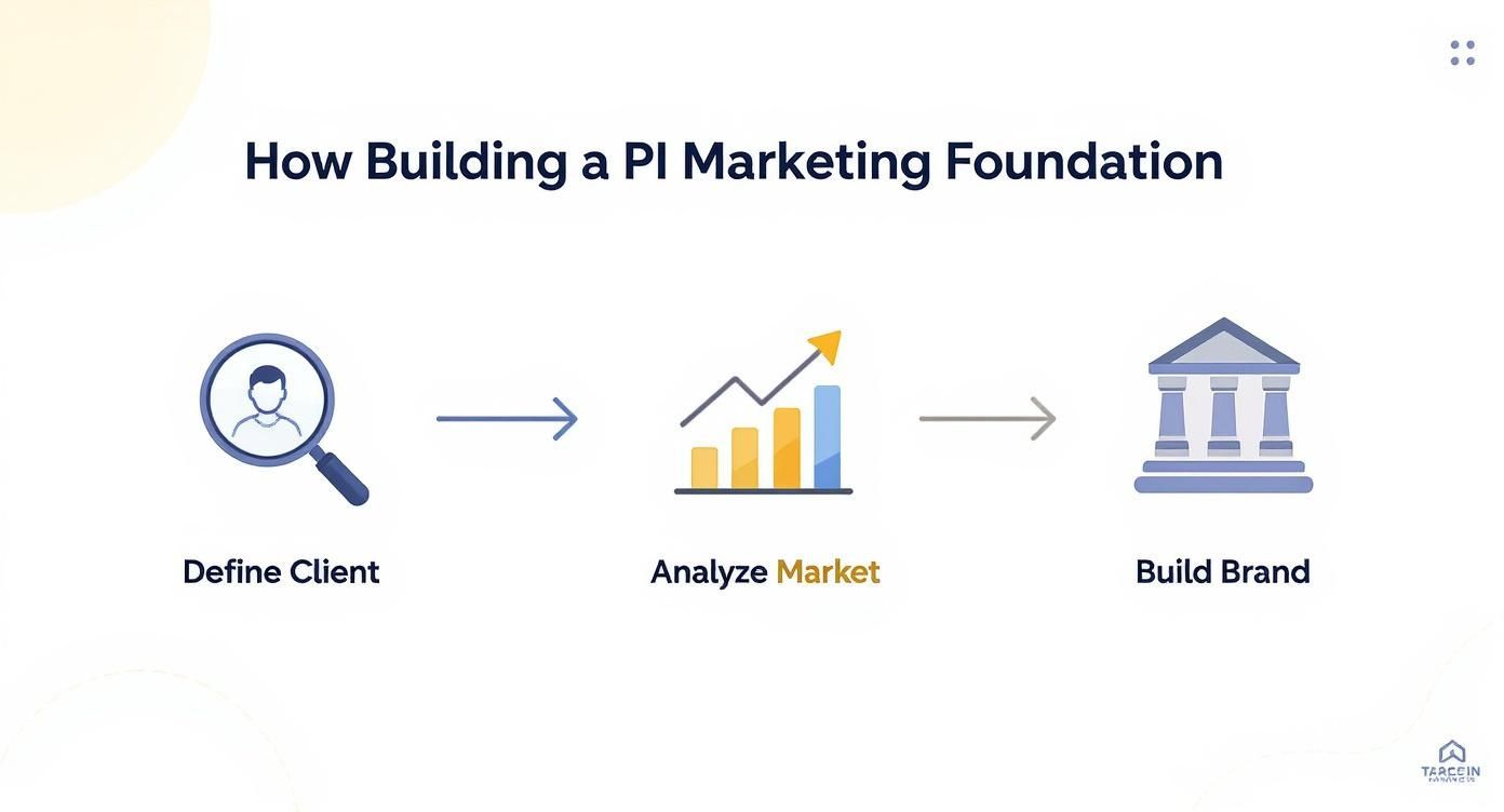 Three-step PI marketing foundation process showing define client, analyze market, and build brand stages