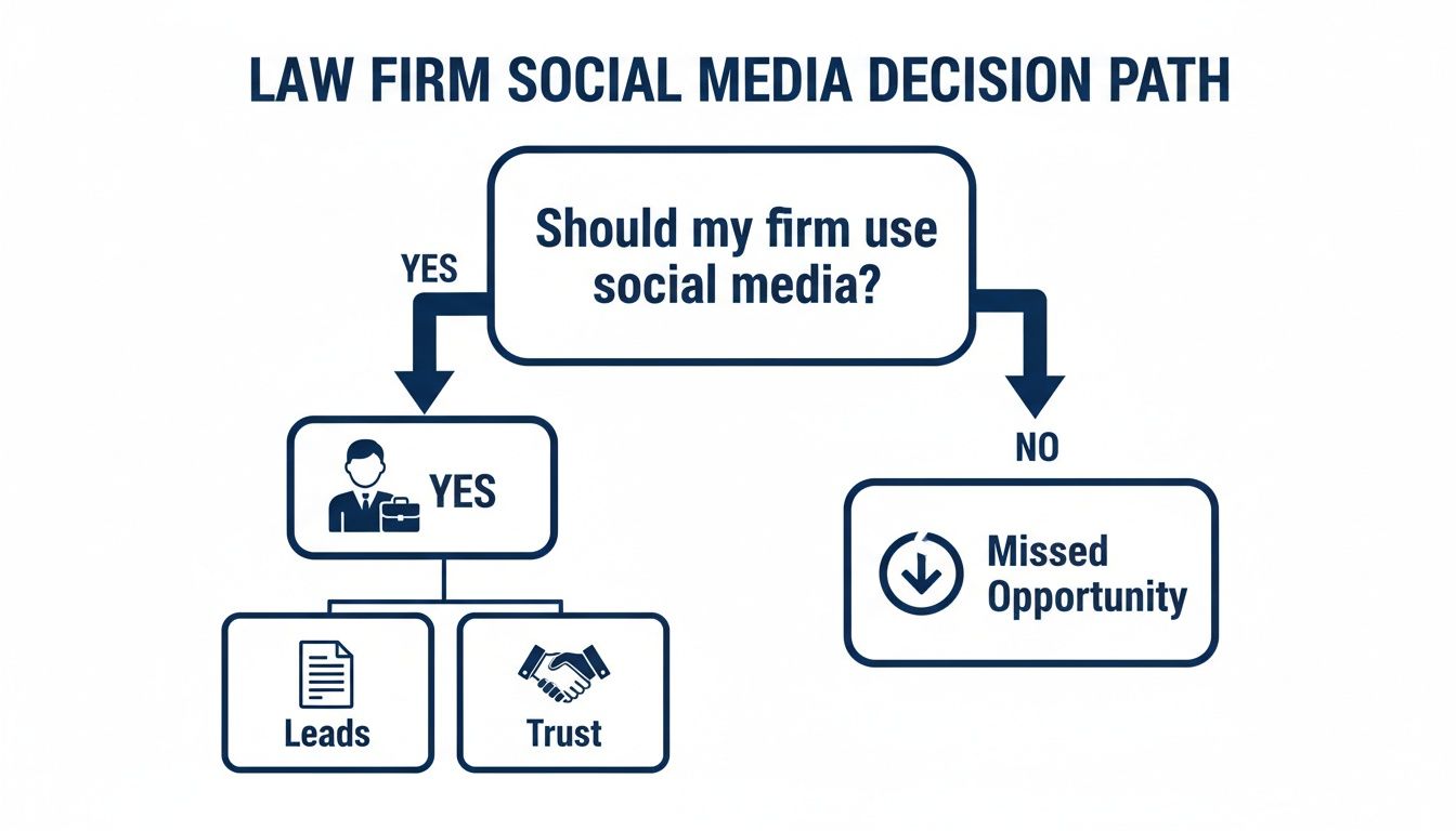 Flowchart outlining a law firm's decision to use social media, resulting in leads, trust, or a missed opportunity.
