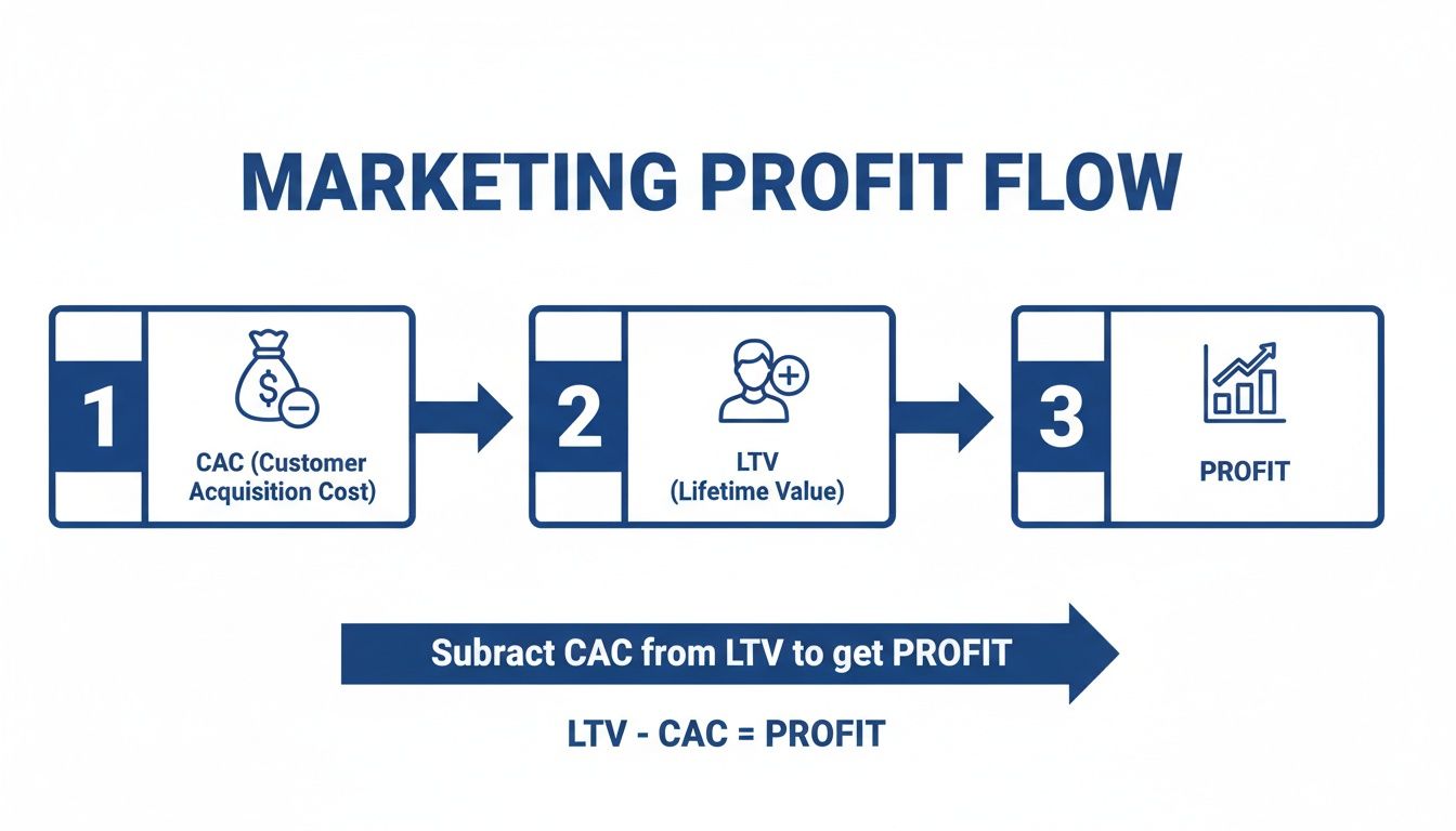 A marketing profit flow diagram illustrates how to calculate profit using LTV minus CAC.