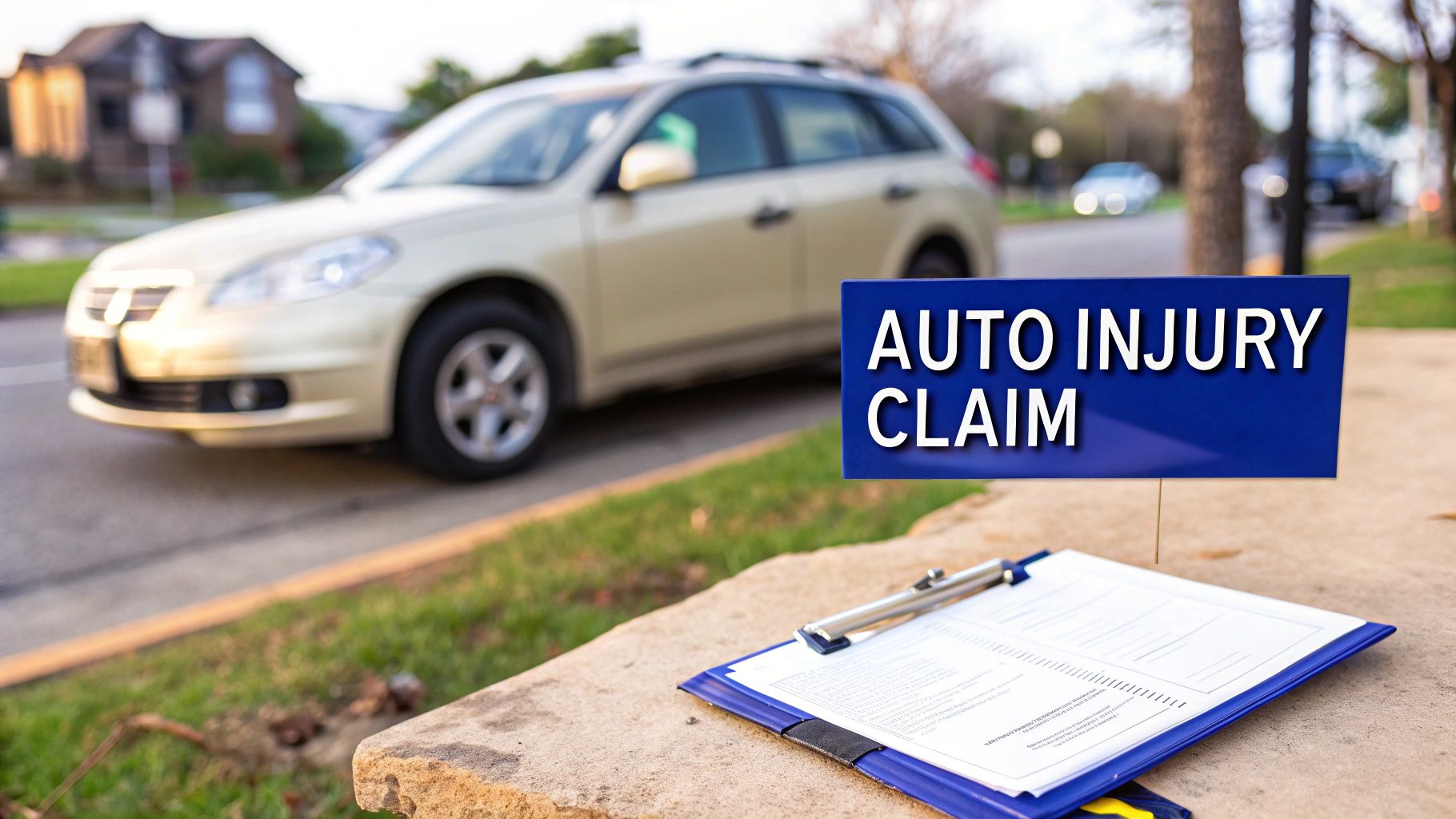 A sign stating 'AUTO INJURY CLAIM' next to a clipboard with documents, with a blurred car on a street.
