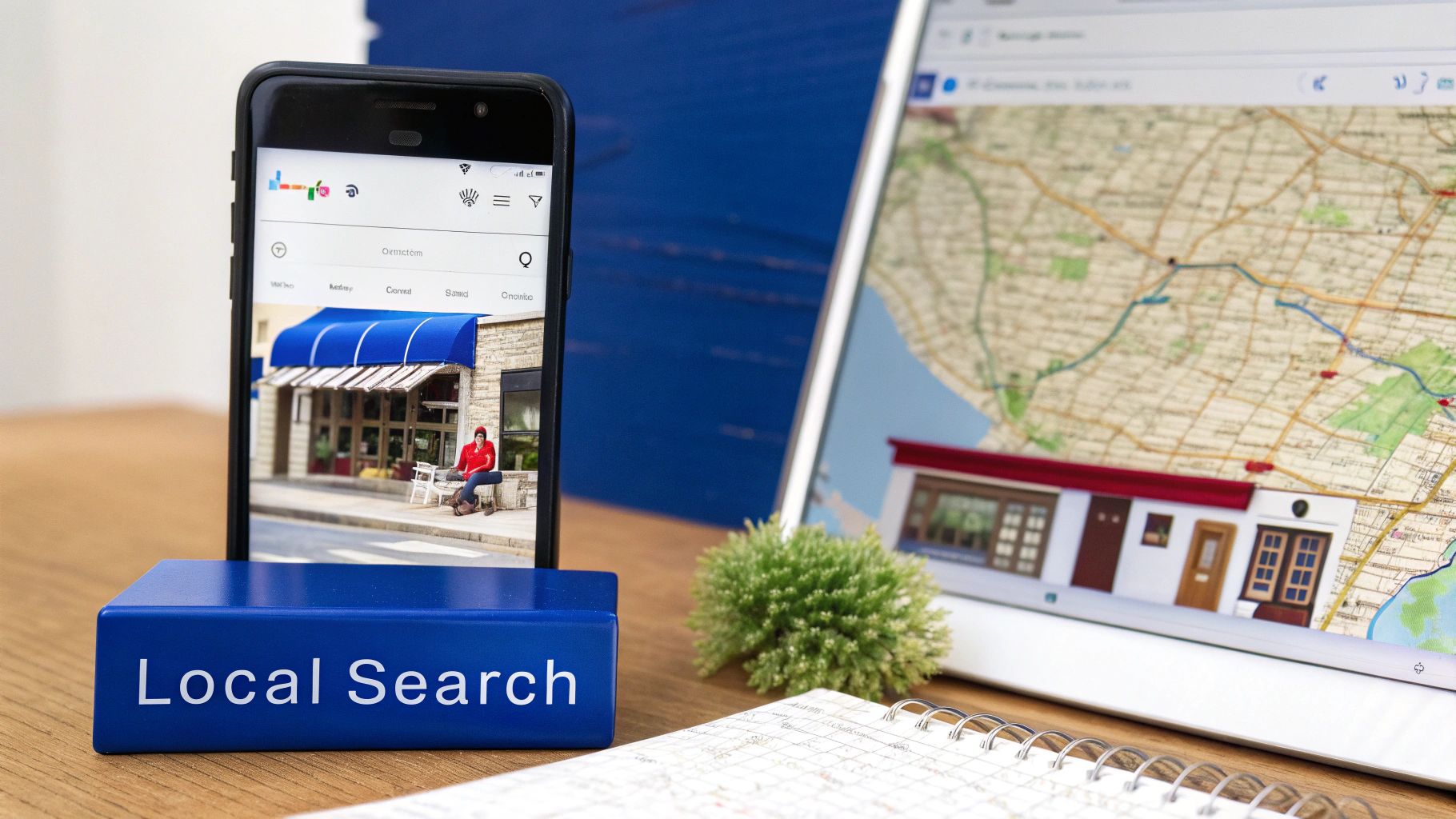 A smartphone showing a local business storefront on a blue 'Local Search' block, with a map on a tablet.