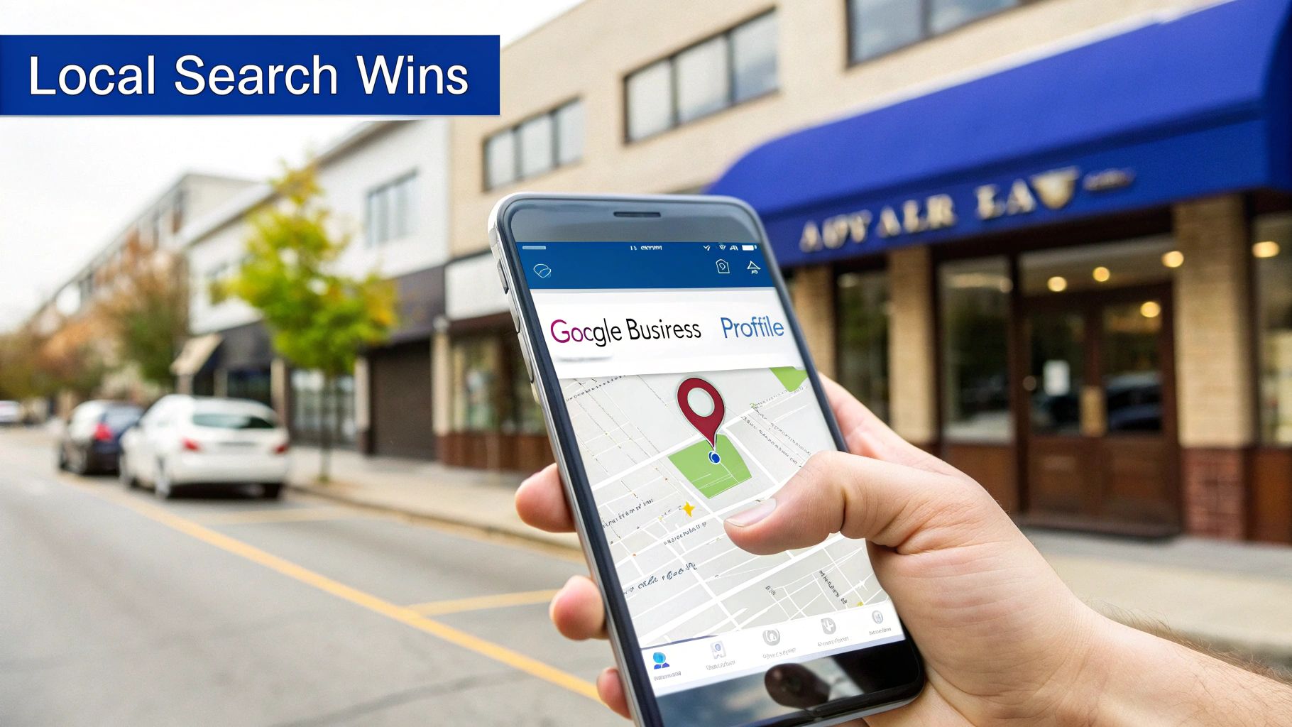 A hand holds a smartphone showing a Google Business Profile map in front of a law firm, highlighting local search wins.