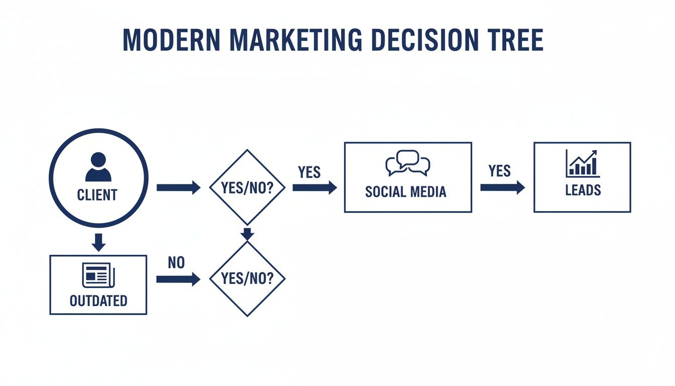 A modern marketing decision tree flowchart showing the path from client to leads via social media.
