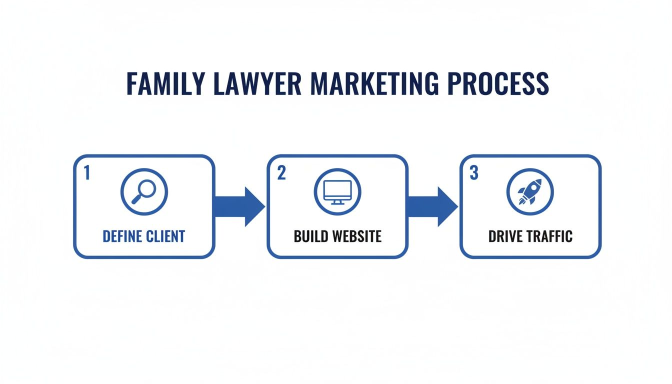 A flowchart illustrating the three-step family lawyer marketing process: define client, build website, and drive traffic.