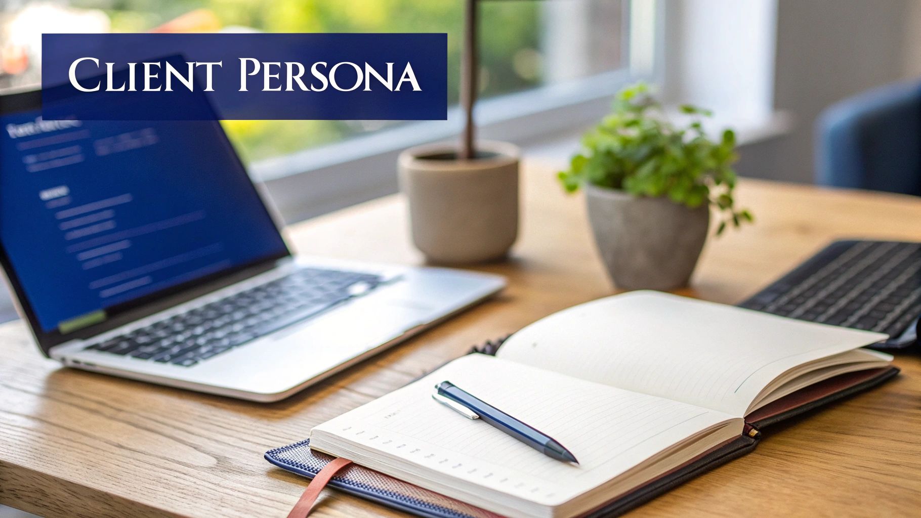 An office desk with a laptop, an open journal with a pen, and potted plants, highlighting 'Client Persona'.