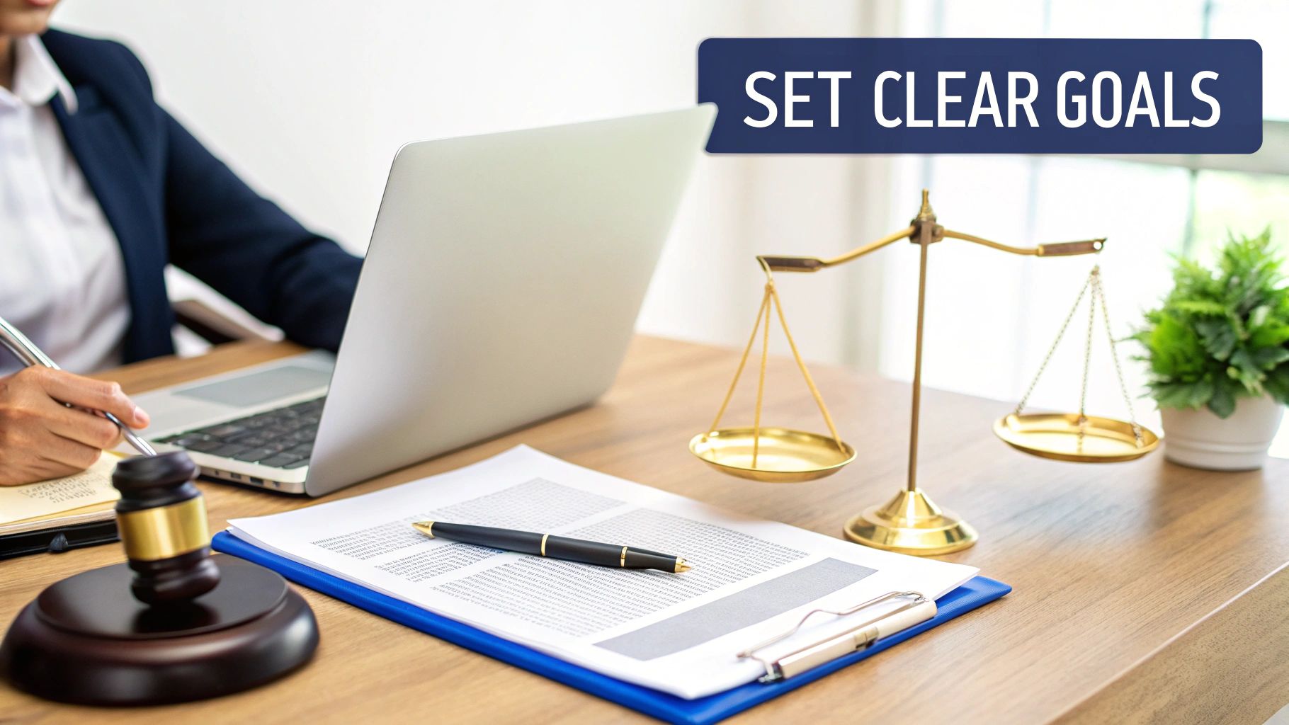 A person works at a desk with a laptop, documents, gavel, scales of justice, and a 'SET CLEAR GOALS' text overlay.