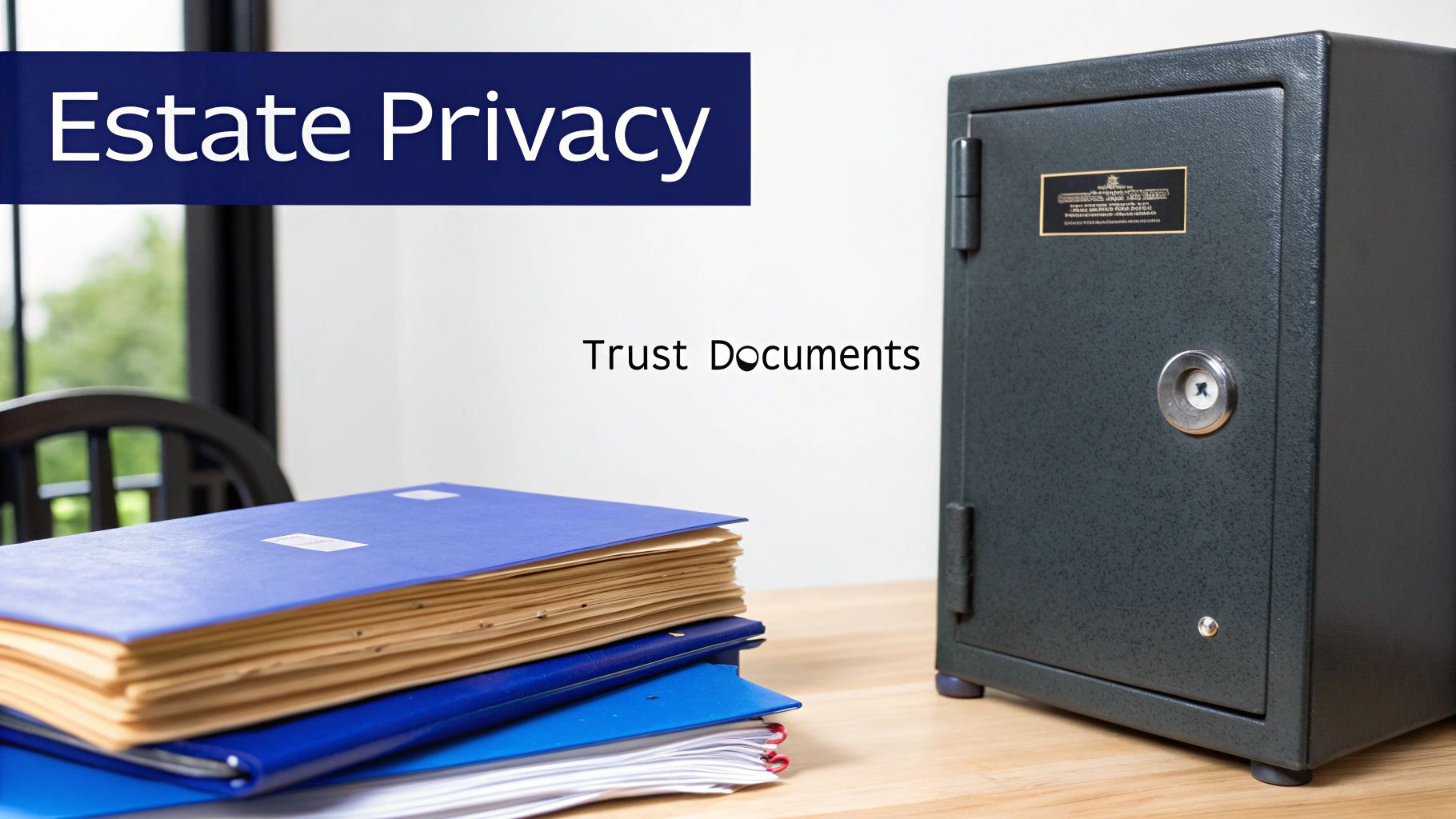 A secure safe, stacked trust documents, and text 'Estate Privacy' on a wooden desk.