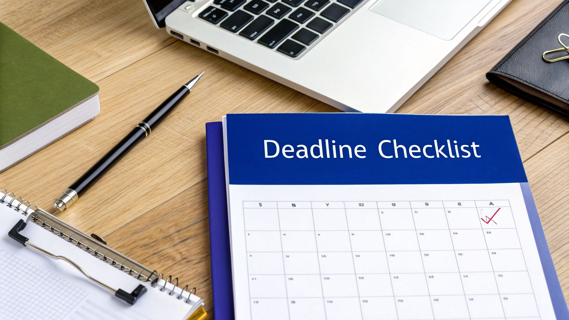 A desk with a laptop, pen, notebook, and a 'Deadline Checklist' calendar with a checkmark.