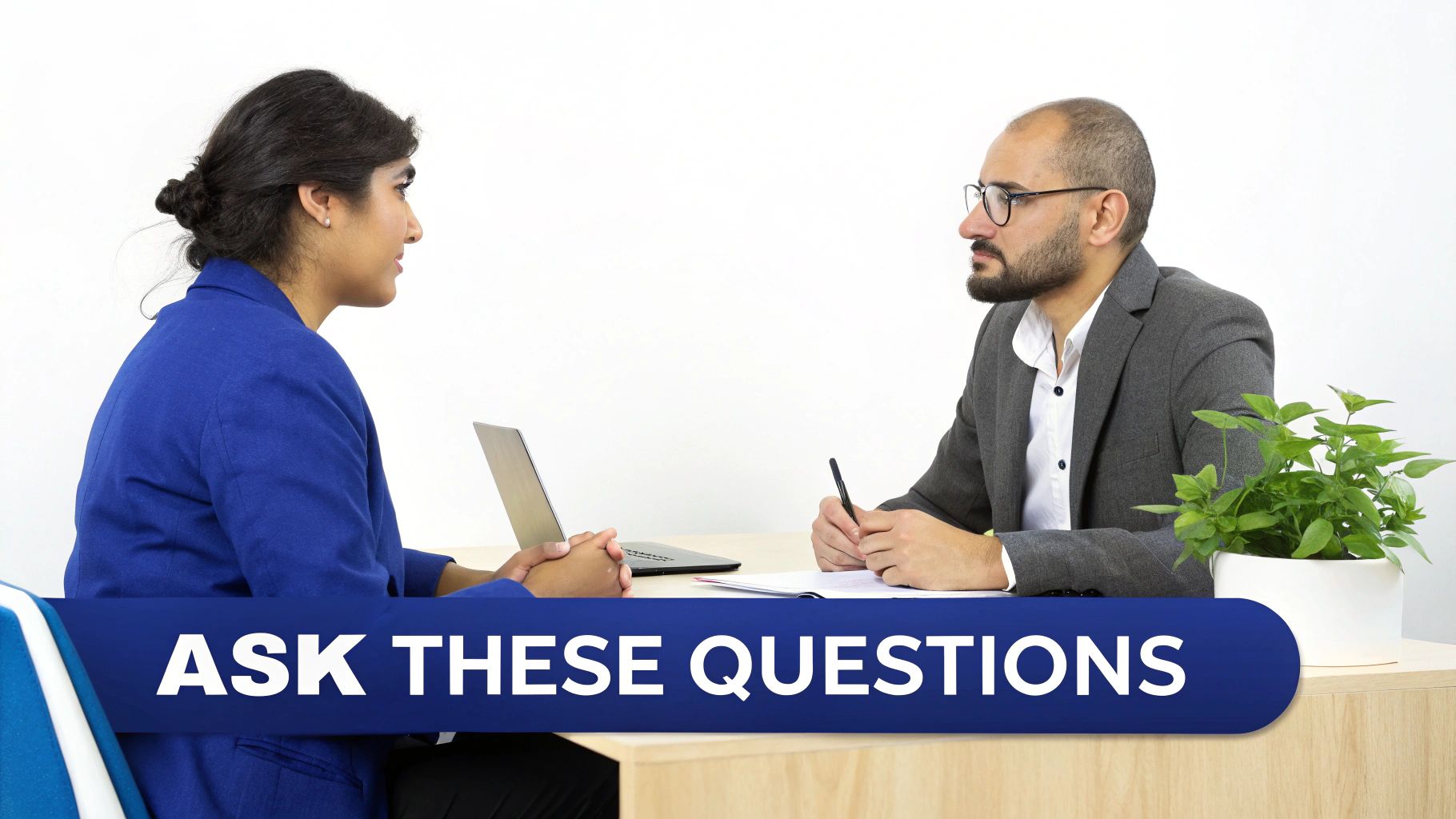 Two professionals, a man and a woman, discussing at a desk with a laptop and documents, with text 'ASK THESE QUESTIONS'.