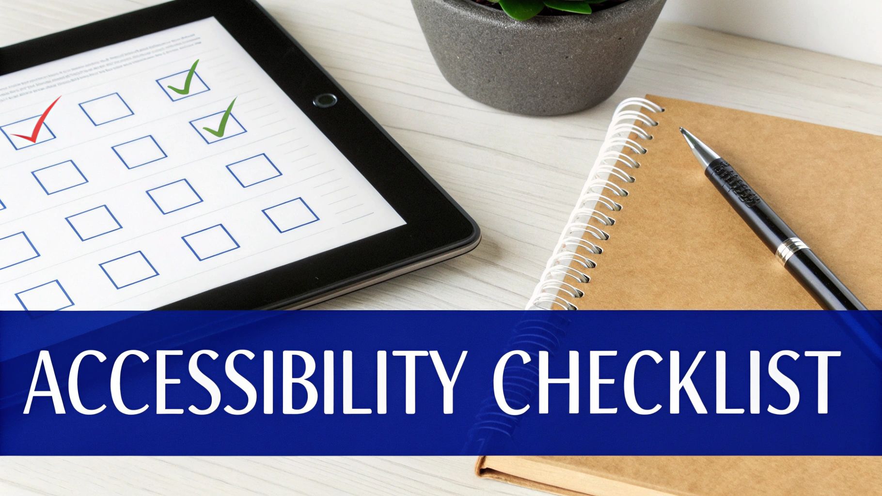 A tablet displays an accessibility checklist with some items checked, next to a notebook and pen.
