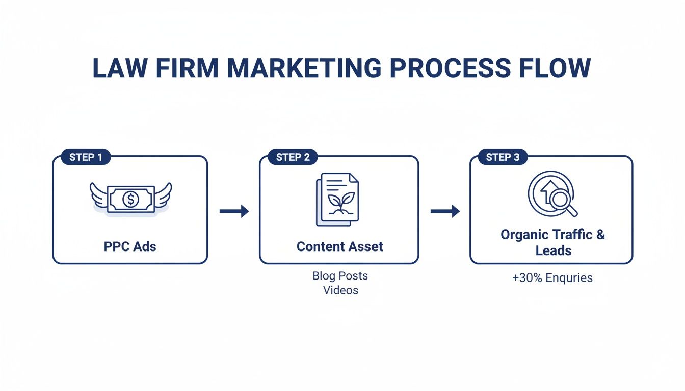 Law firm marketing process flow showing PPC ads, content assets, and organic traffic for leads.