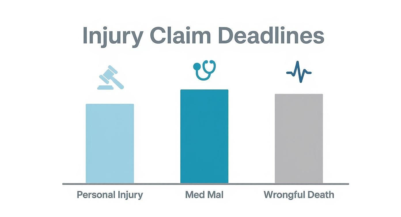 Bar chart illustrating varying injury claim deadlines for personal injury, med mal, and wrongful death cases.