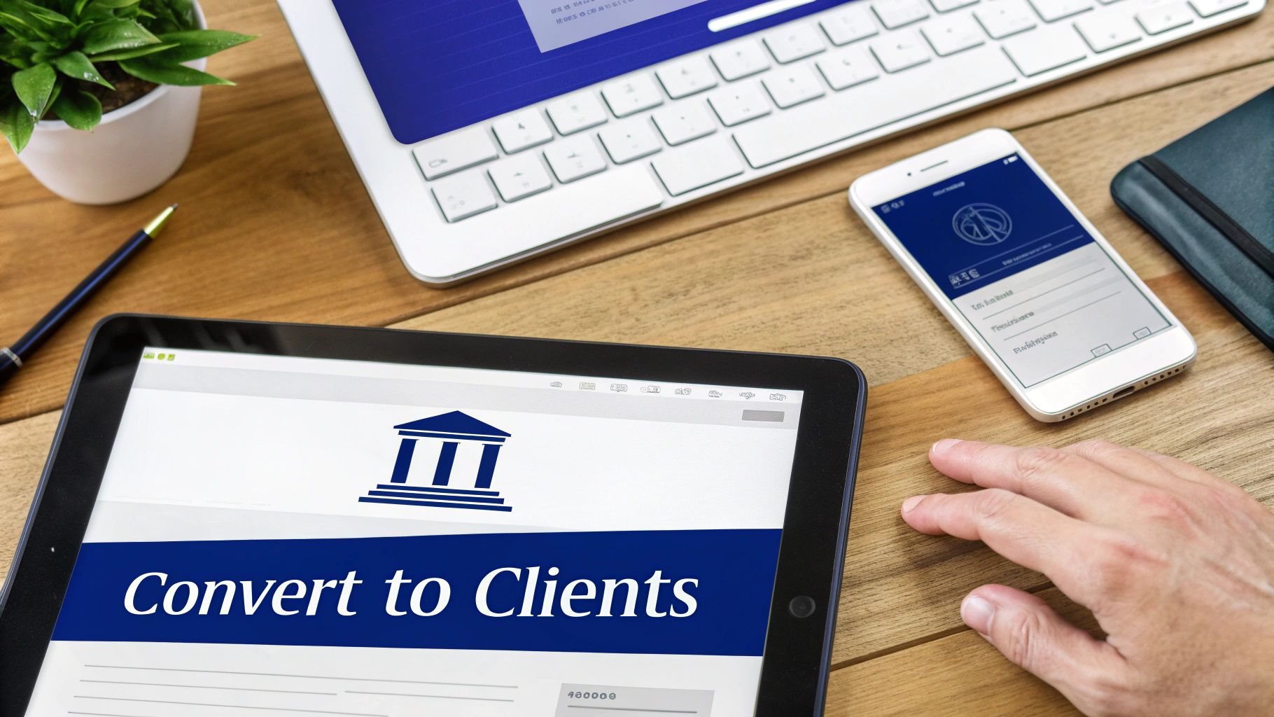 Overhead shot of a wooden desk with a tablet displaying "Convert to Clients," laptop, smartphone, and office items.
