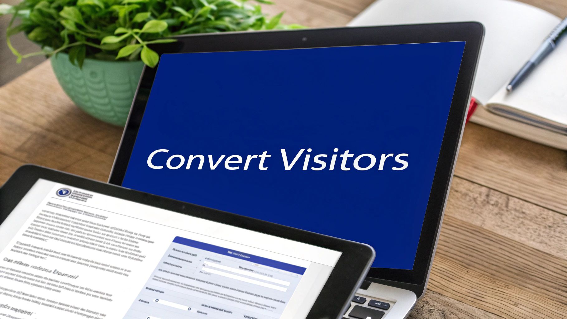 Laptop displaying 'Convert Visitors' on a blue screen, beside a tablet showing a form on a wooden desk.