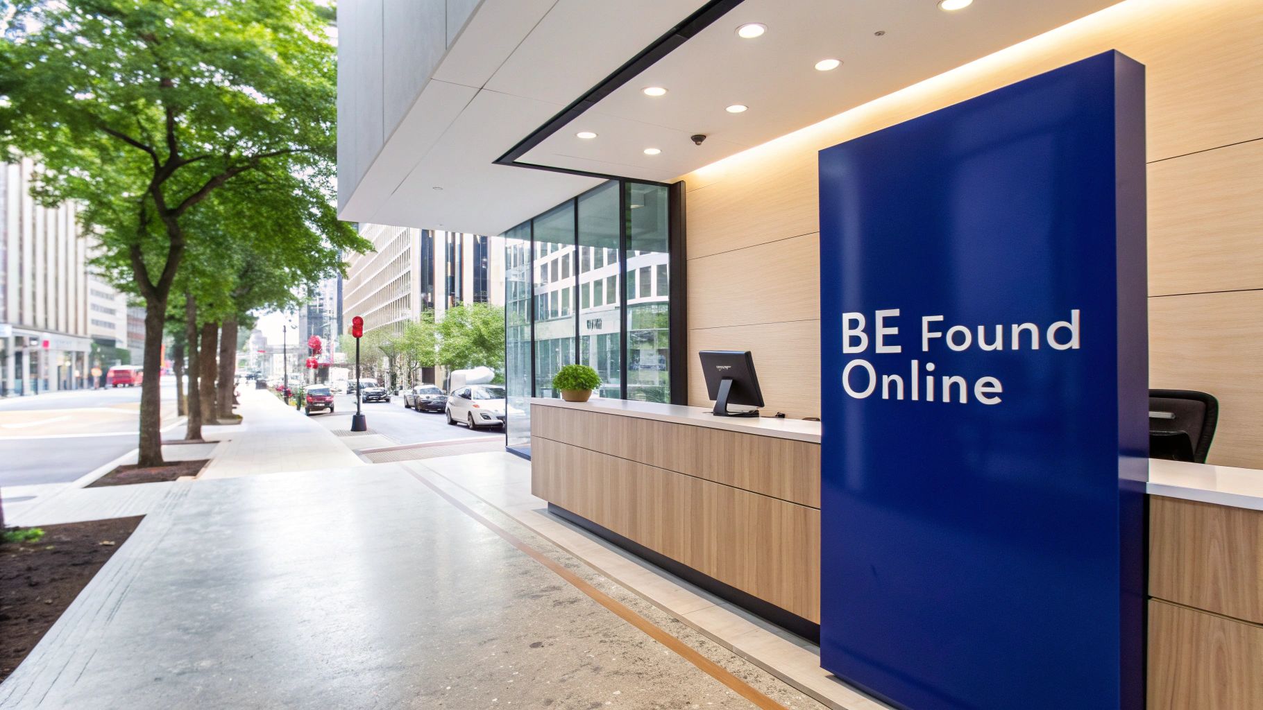 Modern office entrance with a reception desk, computer, a plant, and a prominent 'BE Found Online' sign next to a city street.