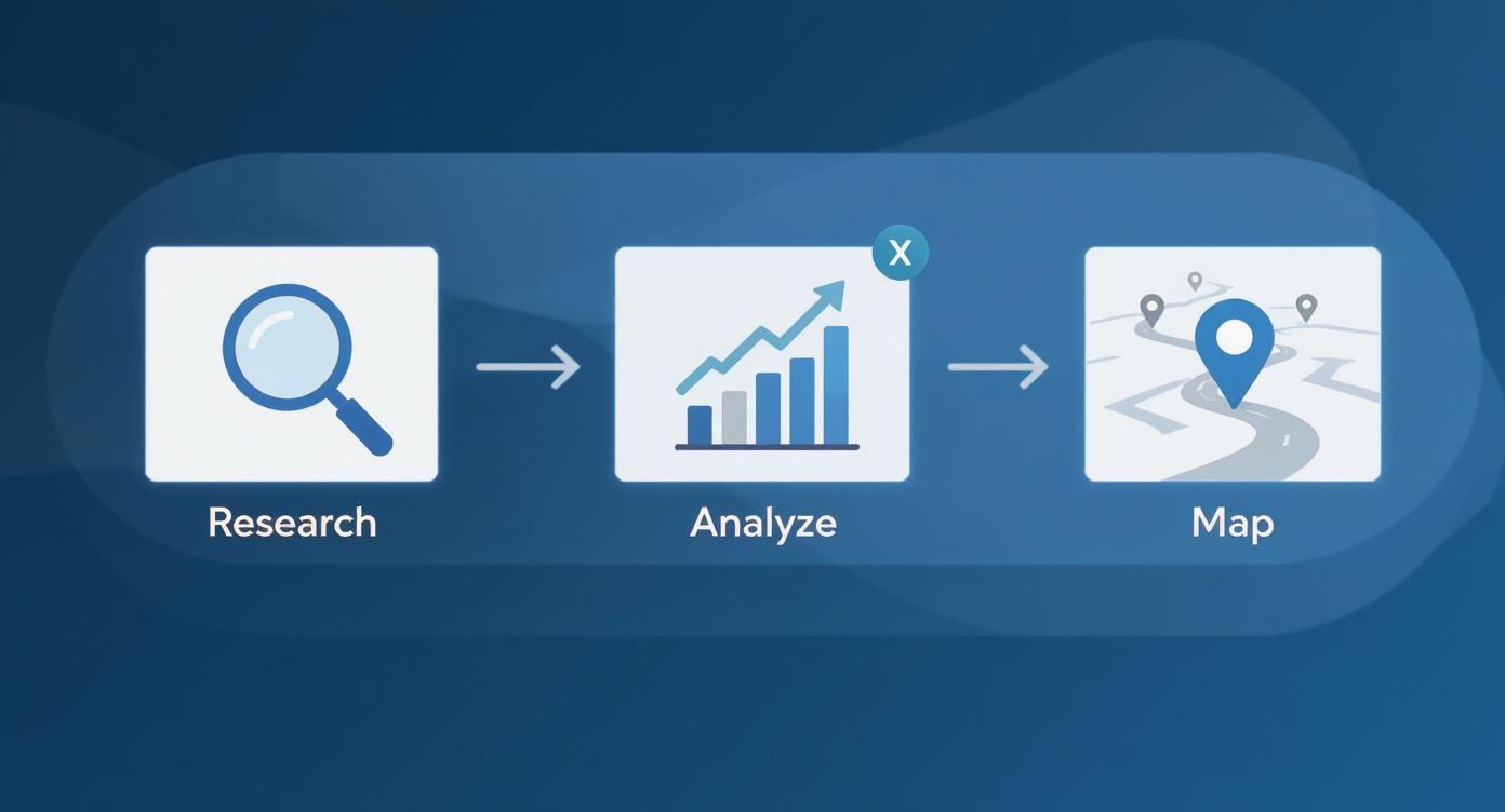 Infographic detailing the process flow for plaintiff keyword research, showing steps for Research, Analyze, and Map with corresponding icons.
