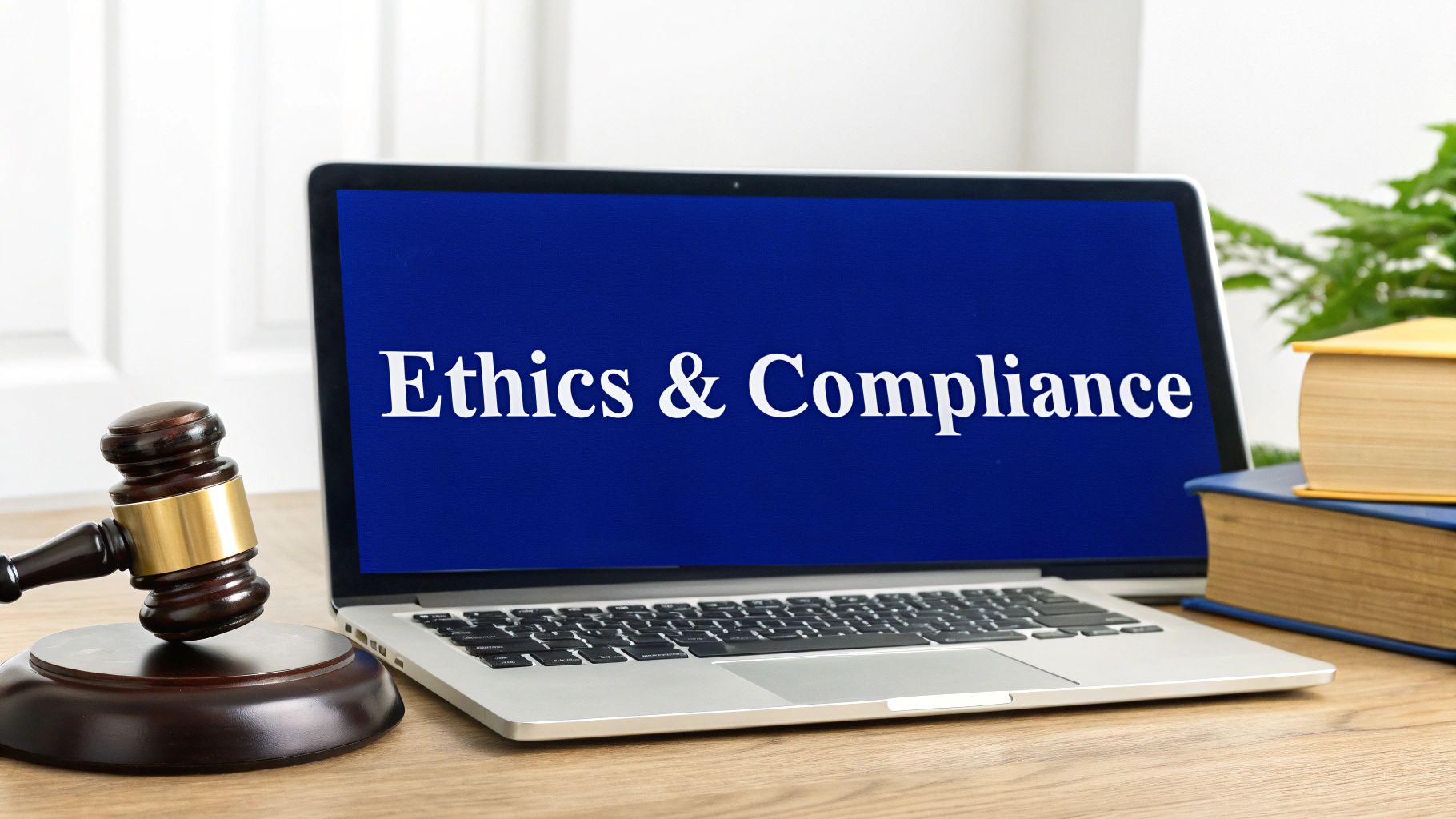 A laptop displaying 'Ethics & Compliance' with a judge's gavel and law books.