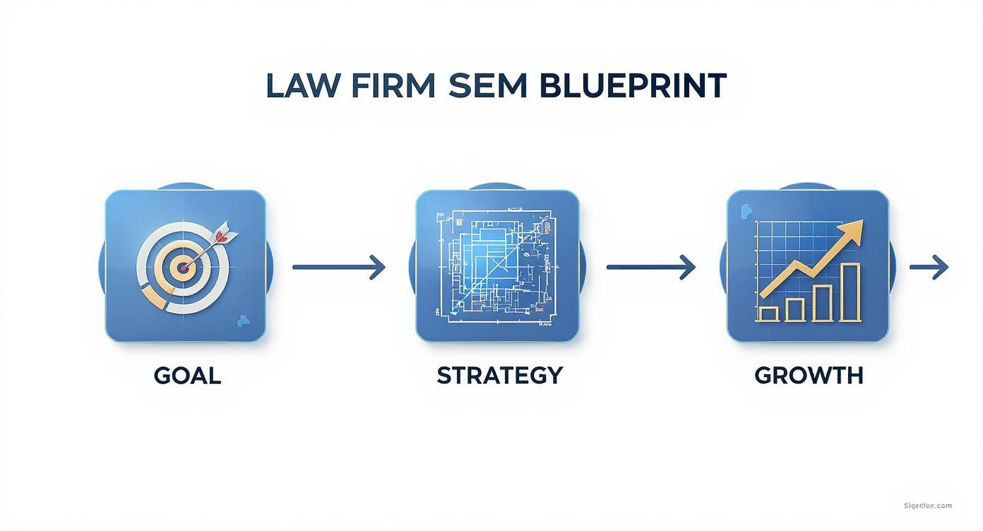 An infographic showing the Law Firm SEM Blueprint with three stages: Goal, Strategy, and Growth.