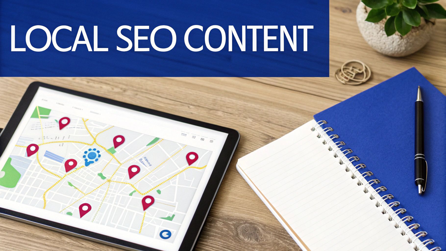 Lead Generation Attorneys: A Modern Guide for Law Firms 2 Tablet displaying local SEO map with location pins, notebook and pen on wooden desk workspace