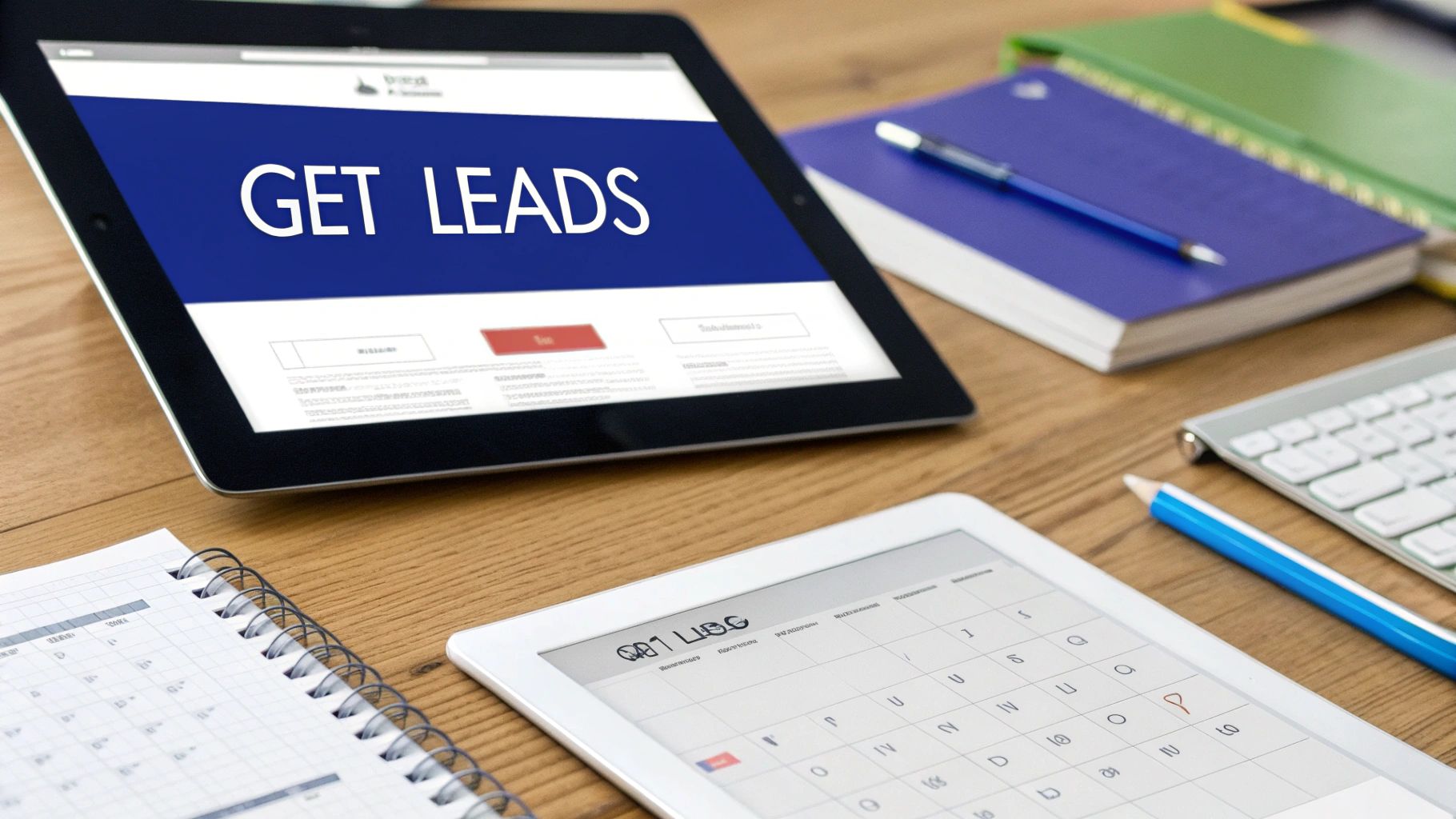 An overhead shot of a wooden desk with tablets displaying 'GET LEADS', notebooks, and a keyboard.