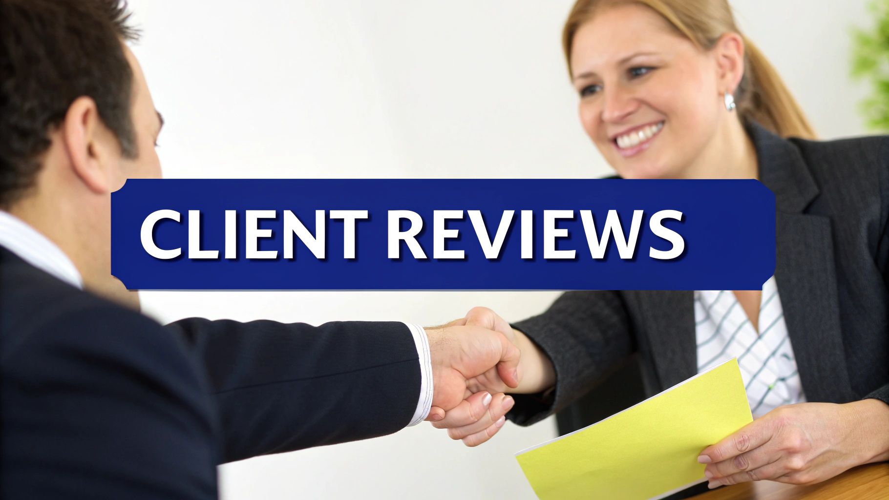 Two business professionals shaking hands with a banner 'CLIENT REVIEWS' overlayed on the image.