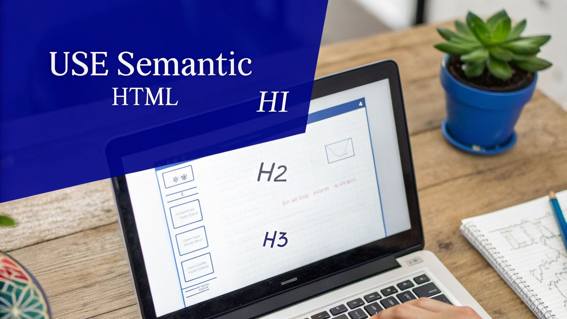 A code snippet showing the semantic HTML structure of a webpage, including header, nav, main, article, and footer tags.
