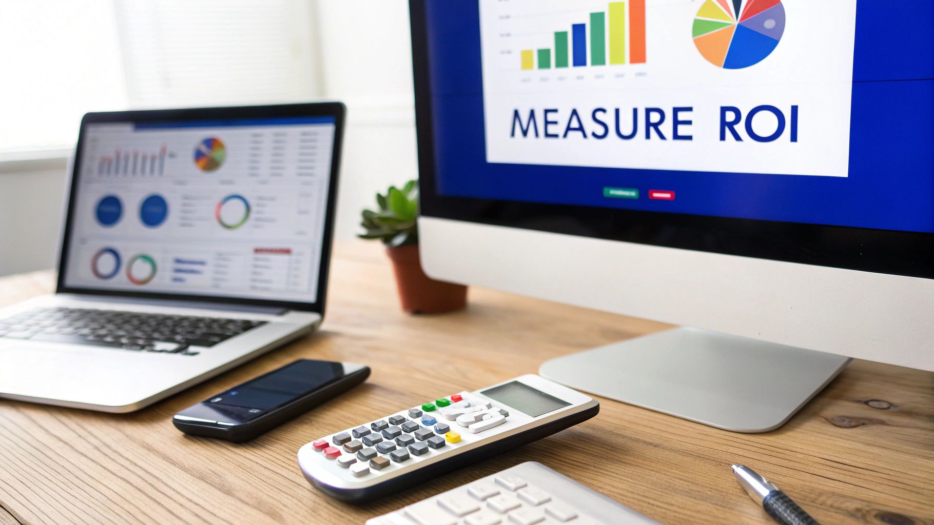 A desk with a laptop showing charts and a monitor displaying 'MEASURE ROI' graphics.