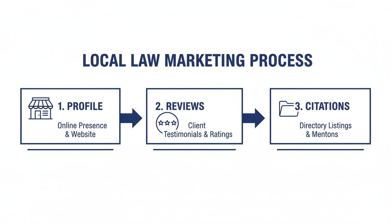 Infographic illustrating the local law marketing process, detailing steps for online profile, client reviews, and directory citations.