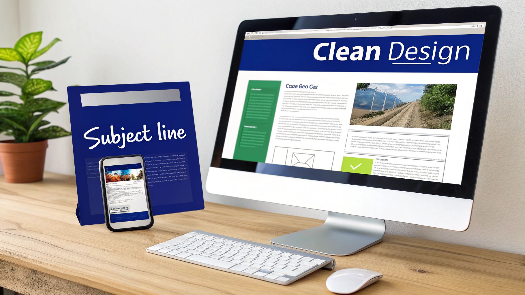 Email design displayed on a desktop monitor and a smartphone, with a 'Subject line' folder on a wooden desk.
