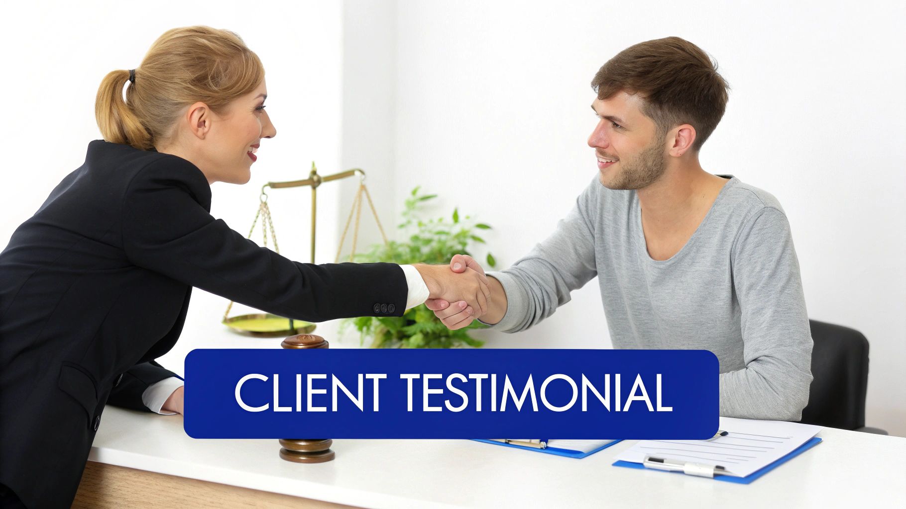 A smiling woman in a suit shakes hands with a male client at a desk, featuring a 'Client Testimonial' banner.