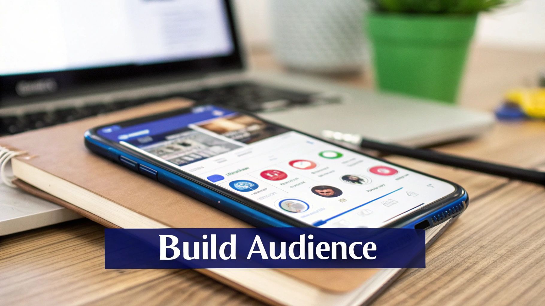 A smartphone displaying social media apps rests on a notebook beside a laptop on a wooden desk, with text "Build Audience".