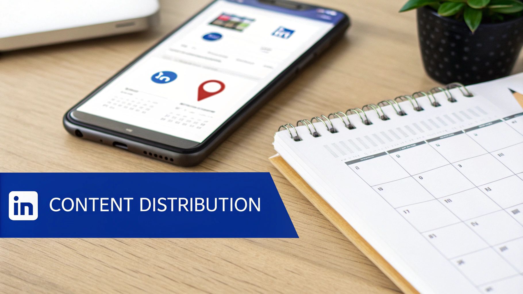 Smartphone with LinkedIn app, calendar, and plant on a wooden desk, featuring a content distribution banner.