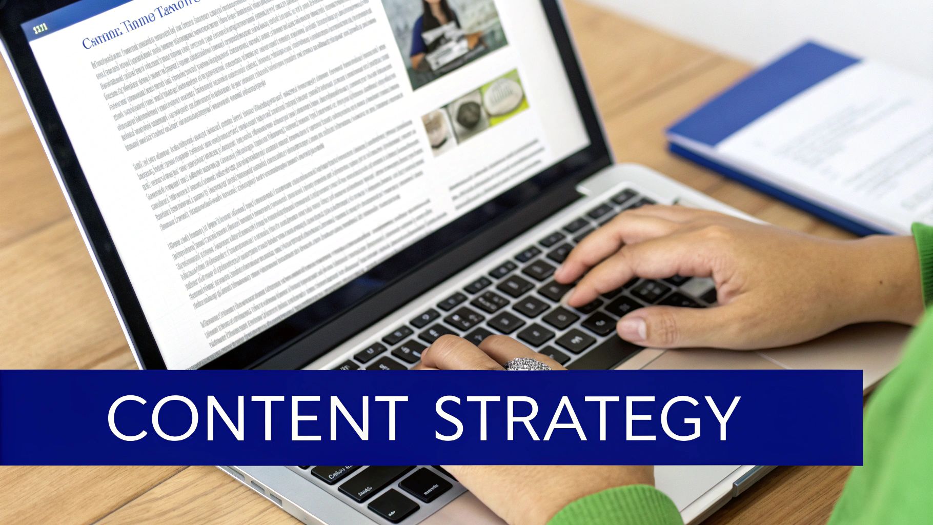 A person types on a laptop, working on a document, with 'CONTENT STRATEGY' visible.