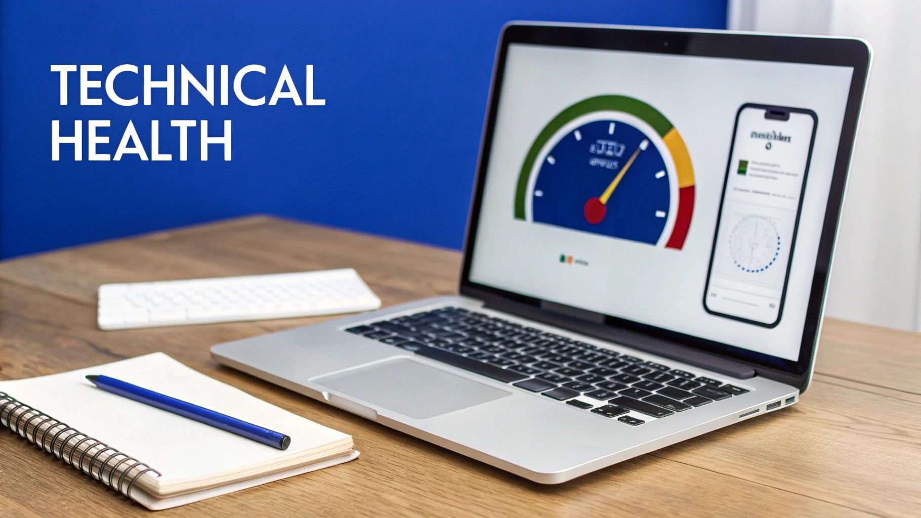 Laptop displaying a technical health dashboard with a gauge and a smartphone on a wooden desk.