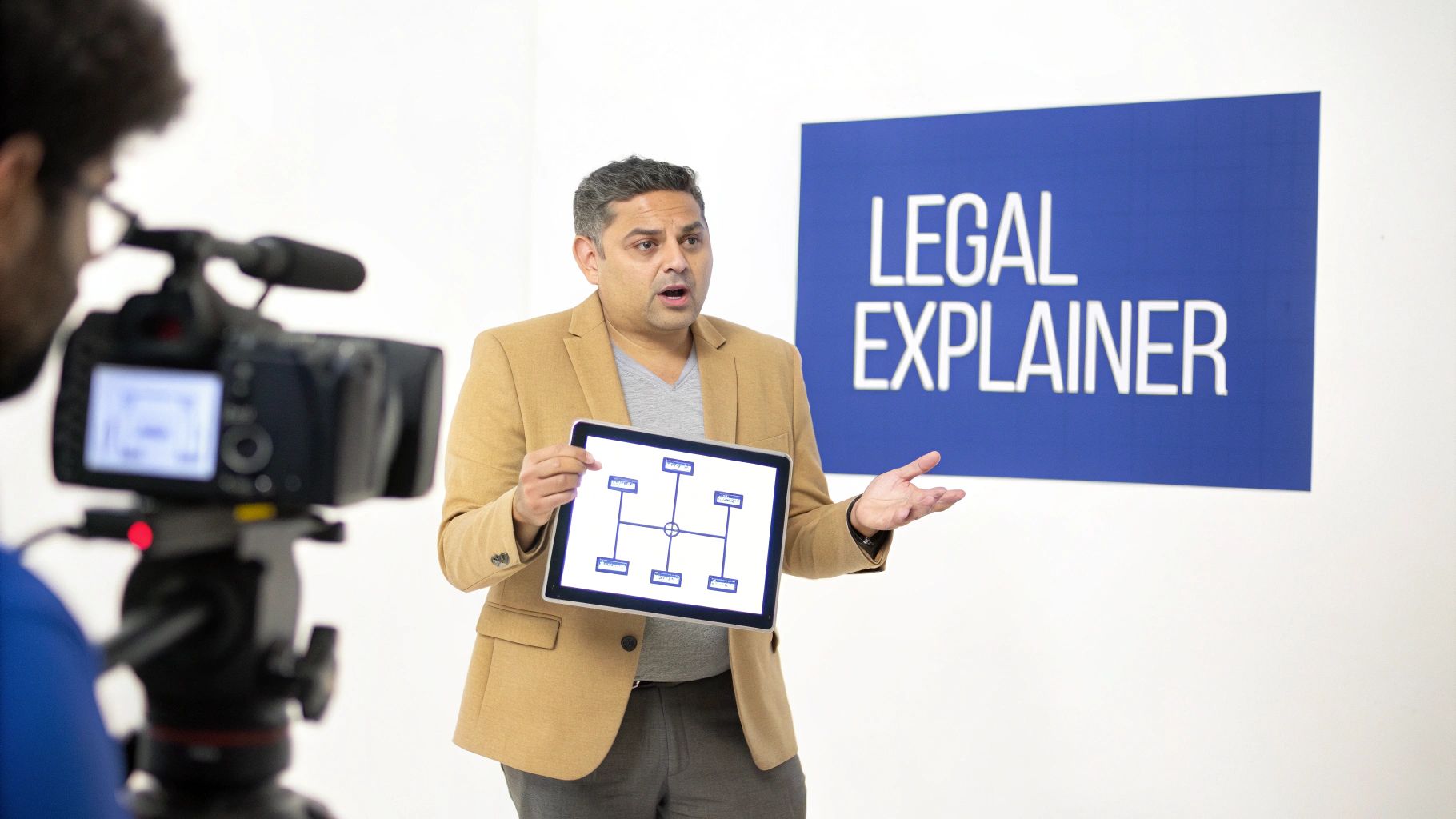A man in a tan blazer presents a diagram on a tablet to a camera for a legal explainer video.