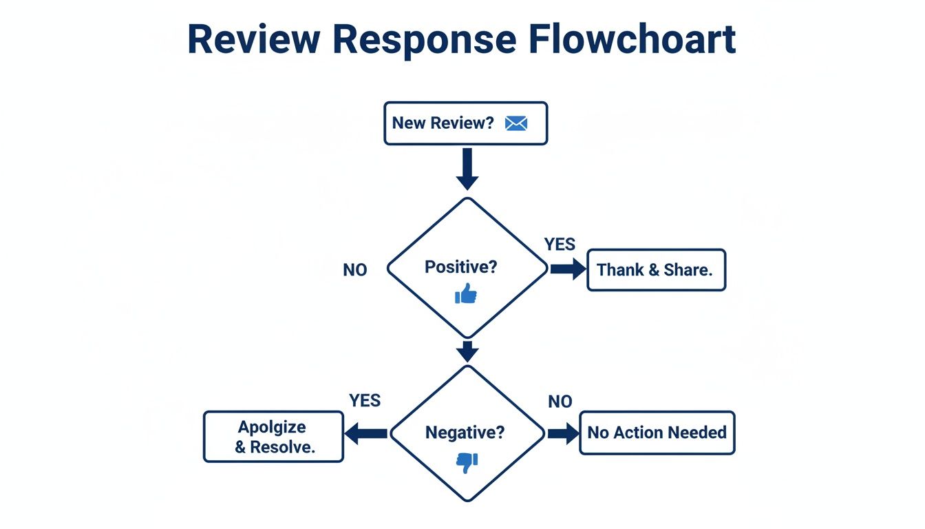 A flowchart detailing steps for responding to new customer reviews, whether positive or negative.