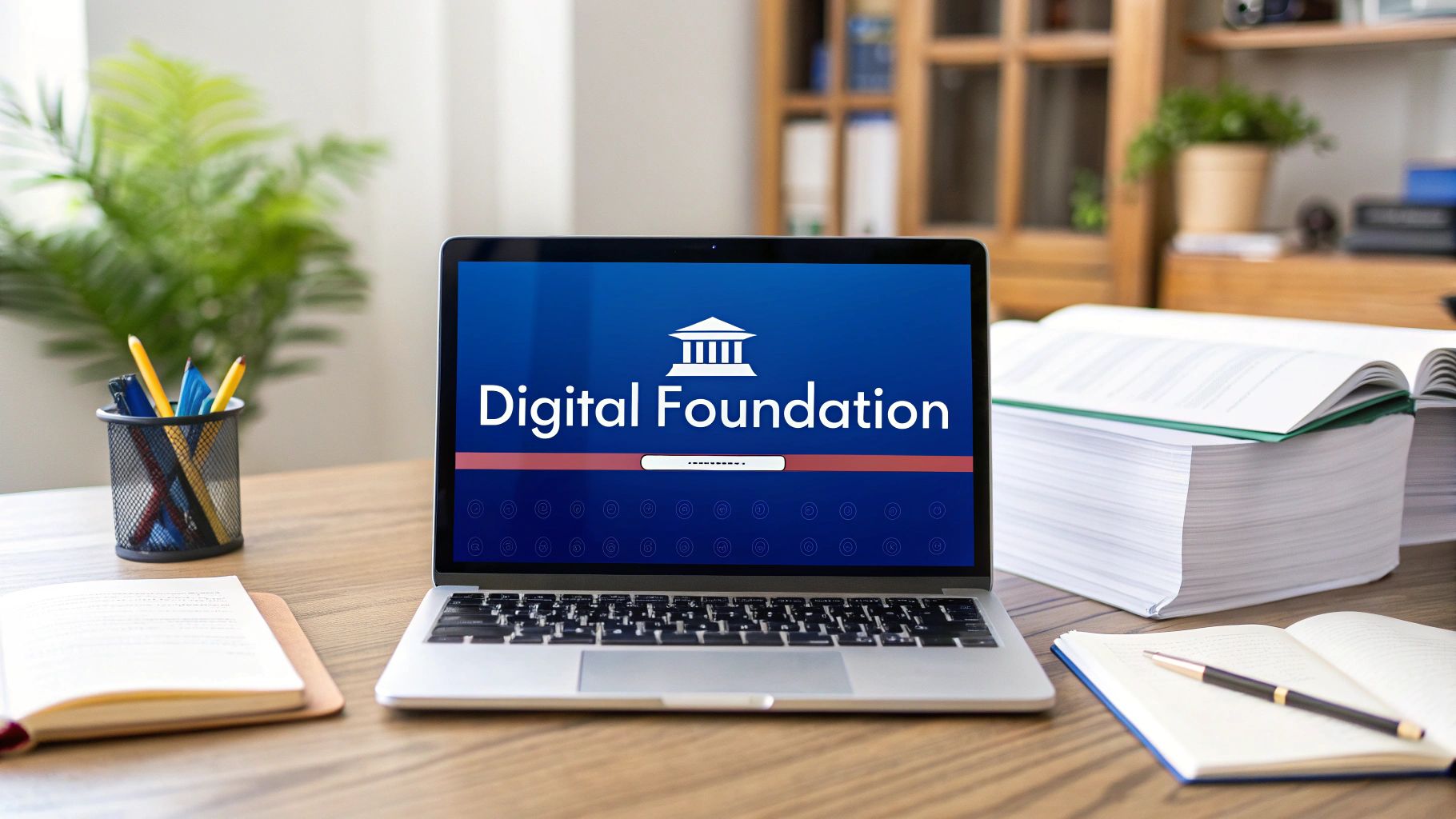 A lawyer reviewing case documents on a tablet in a modern office setting, representing a strong digital foundation for a law firm.