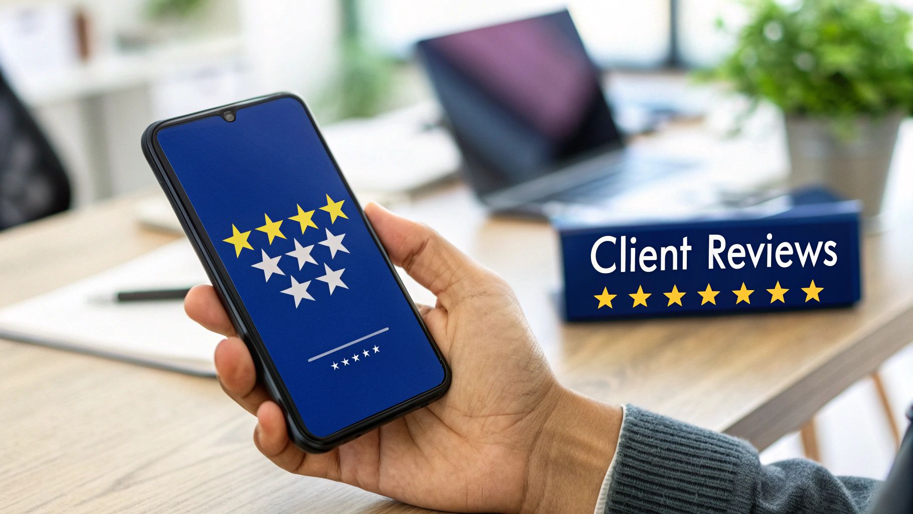Hand holding a smartphone displaying customer star ratings, with a 'Client Reviews' sign and more stars in the background.