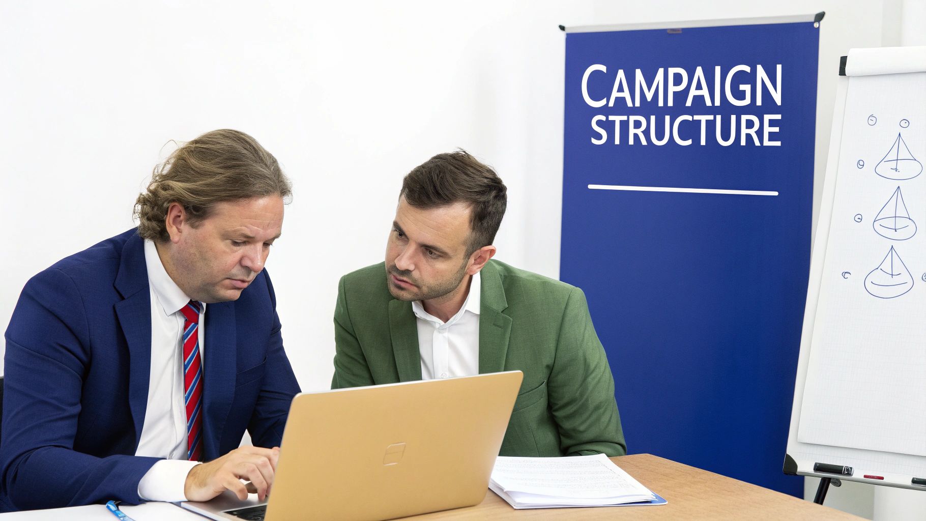 Two businessmen in suits collaborating on a laptop during a meeting with a 'Campaign Structure' banner.