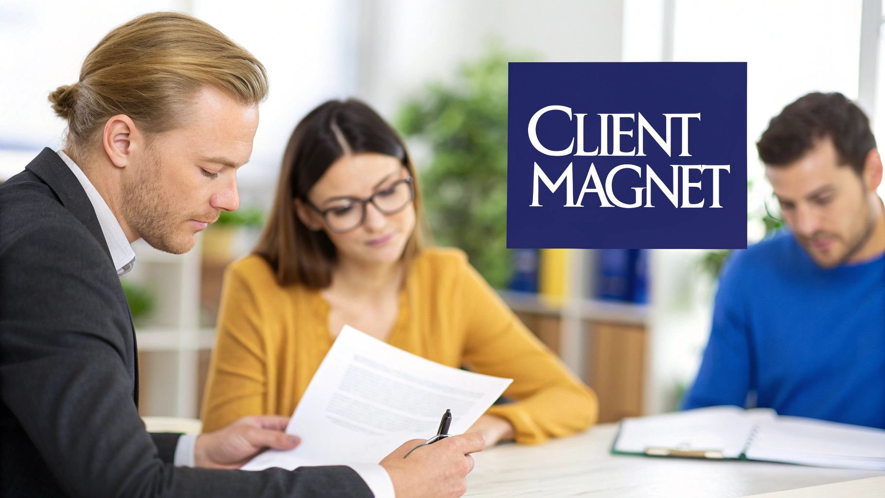 Three professionals in a meeting, one signing documents while others observe, with a 'Client Magnet' logo.