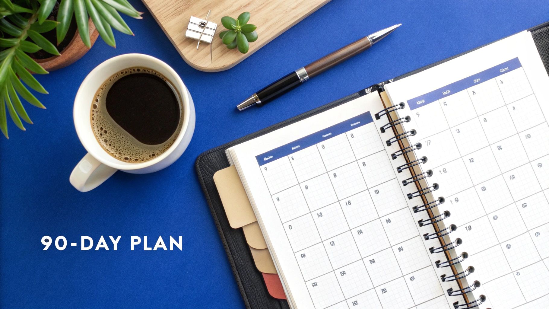 A flat lay of a planner, coffee, and desk items on a blue background, with '90-DAY PLAN' text.