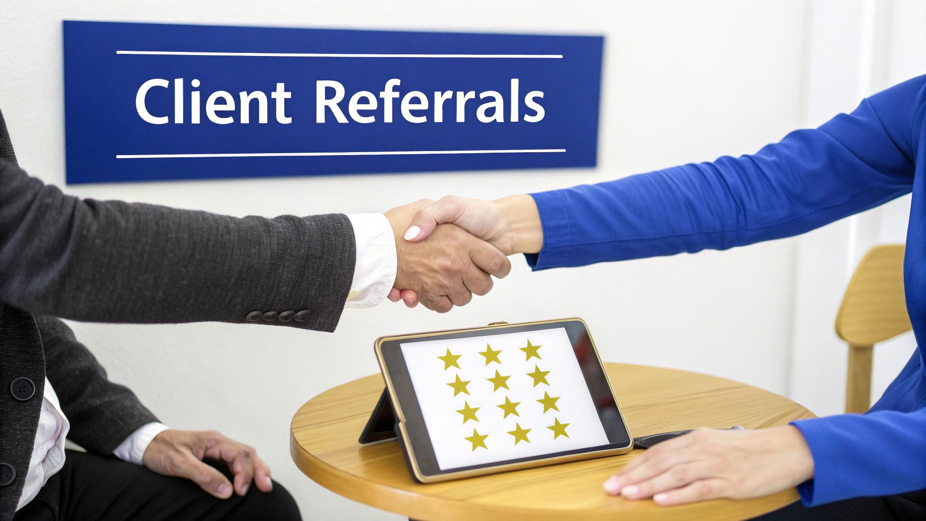 A lawyer and client shaking hands, symbolizing trust and a positive reputation.