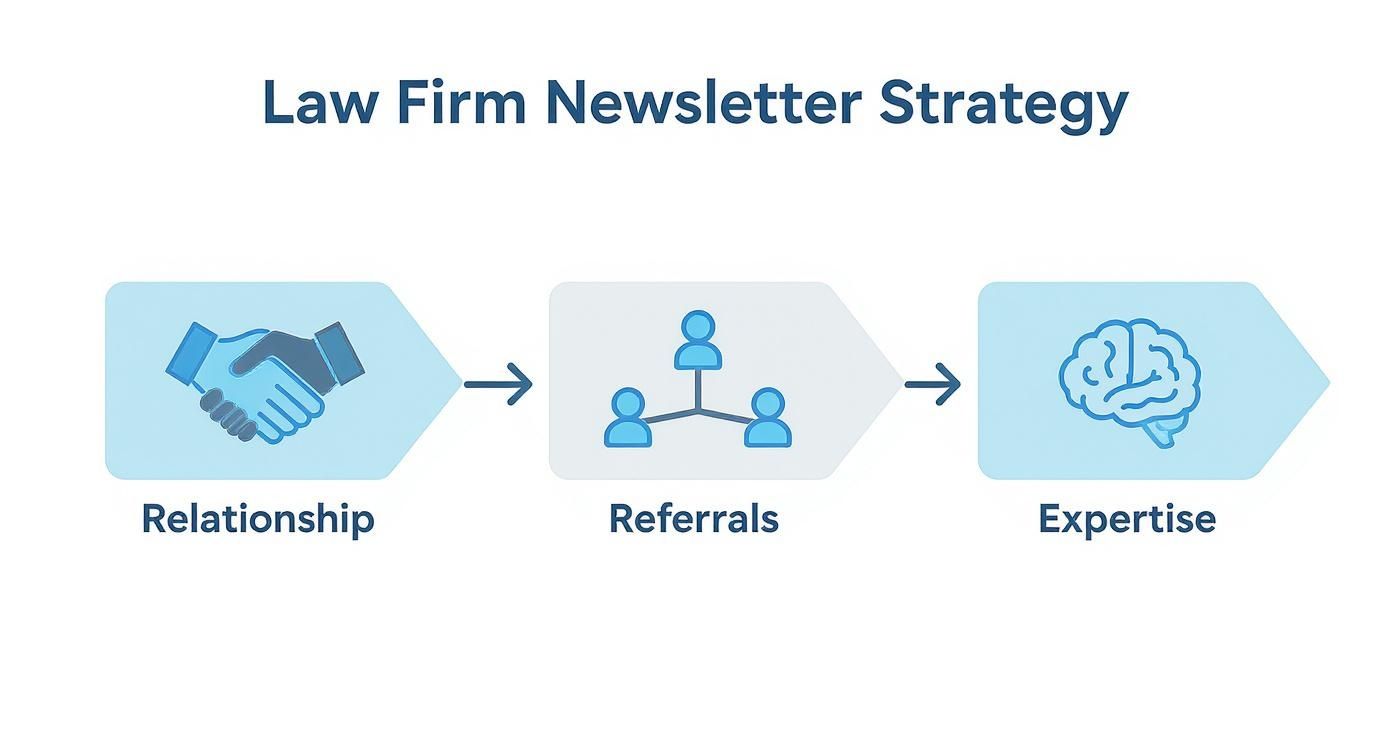 A flowchart illustrates a law firm newsletter strategy: Relationship, Referrals, and Expertise.