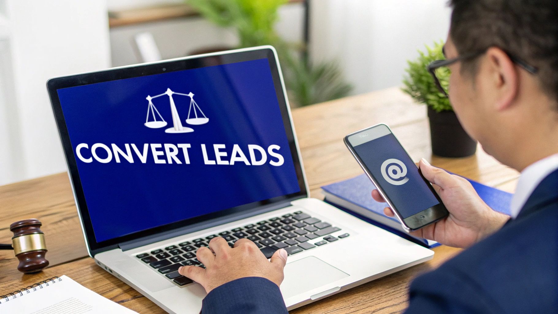 A lawyer works on a laptop showing 'CONVERT LEADS' and holds a smartphone with an email symbol.