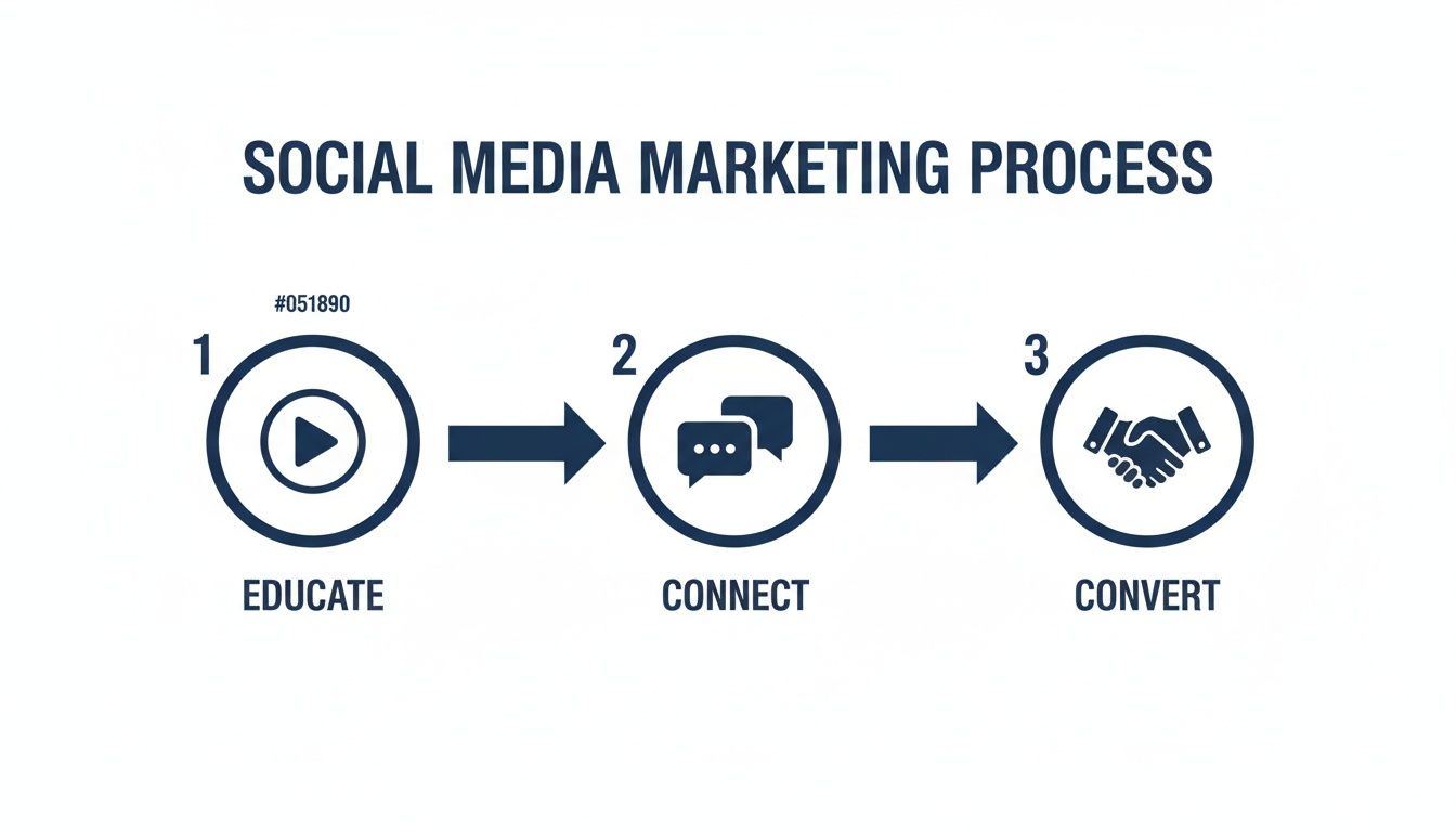 Infographic illustrating the three-step social media marketing process: educate, connect, and convert.