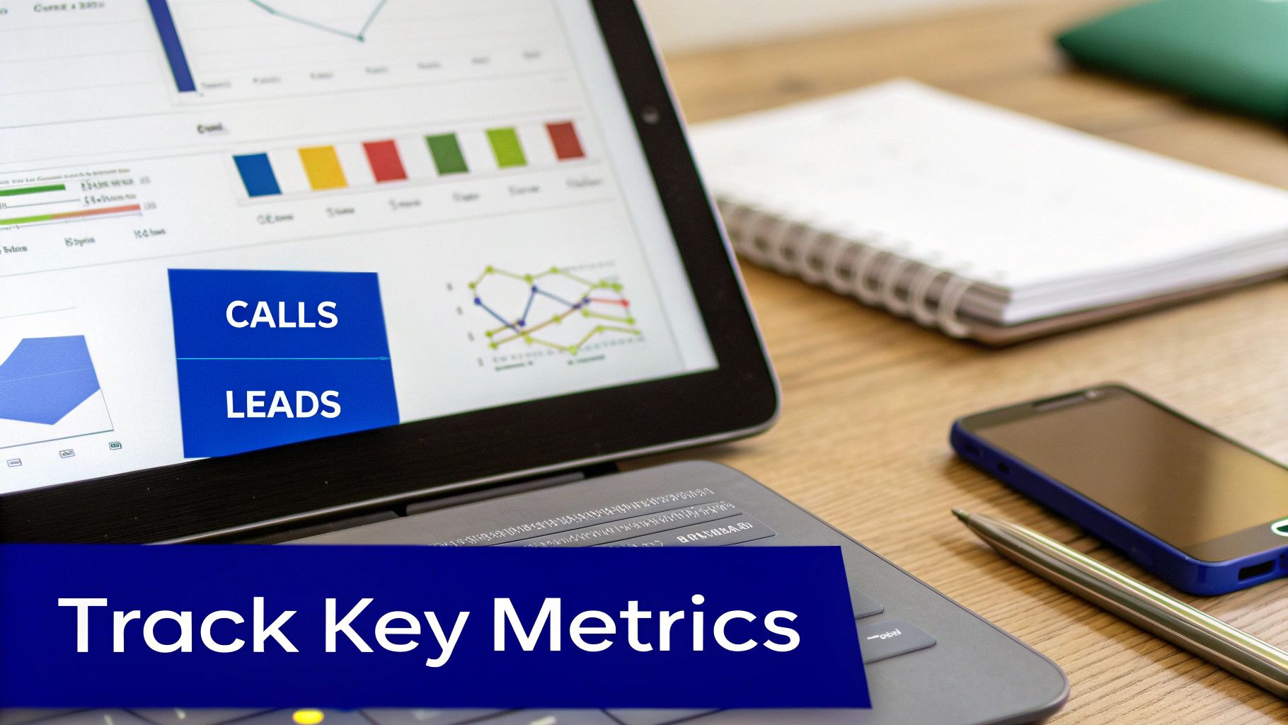 Data analytics dashboard on a screen, showing charts and graphs related to ad performance.
