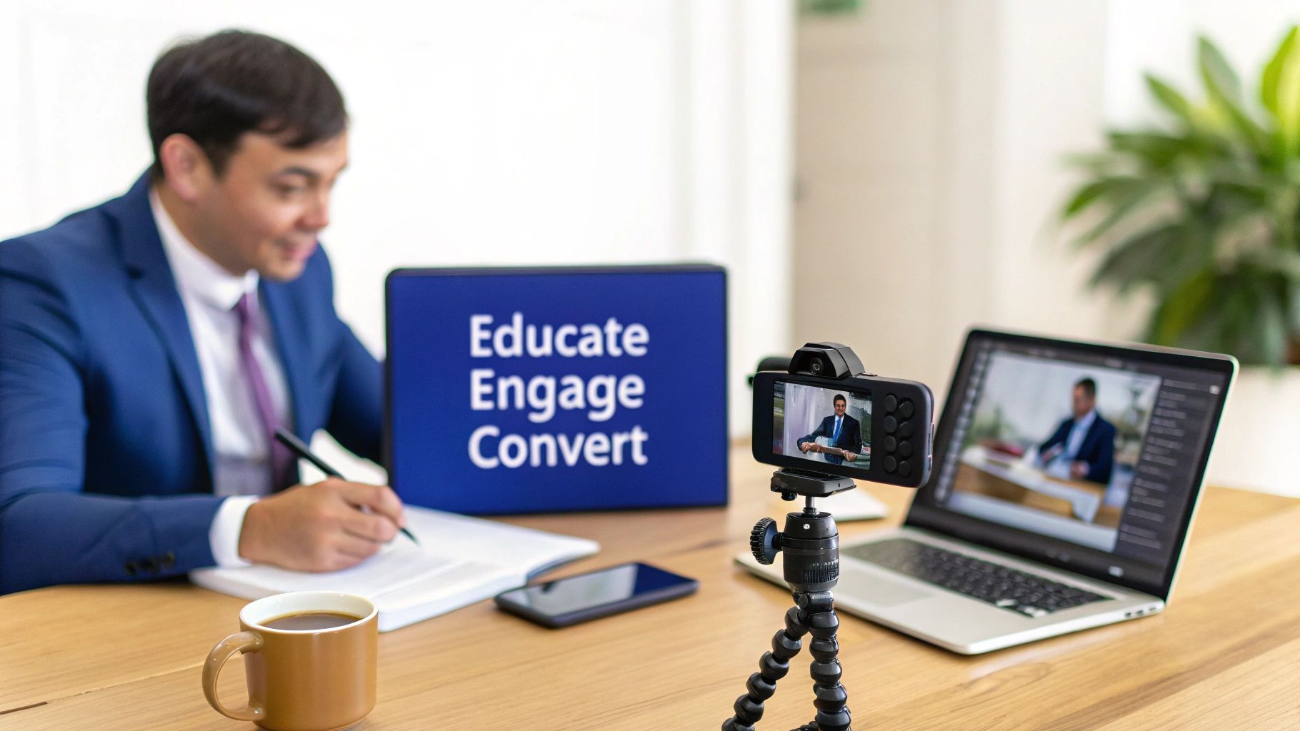 A man in a suit records an online video with a sign saying 'Educate Engage Convert'.