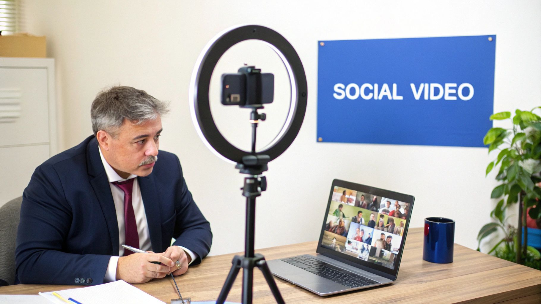A man in a suit preparing for a social video live stream with a ring light and laptop.